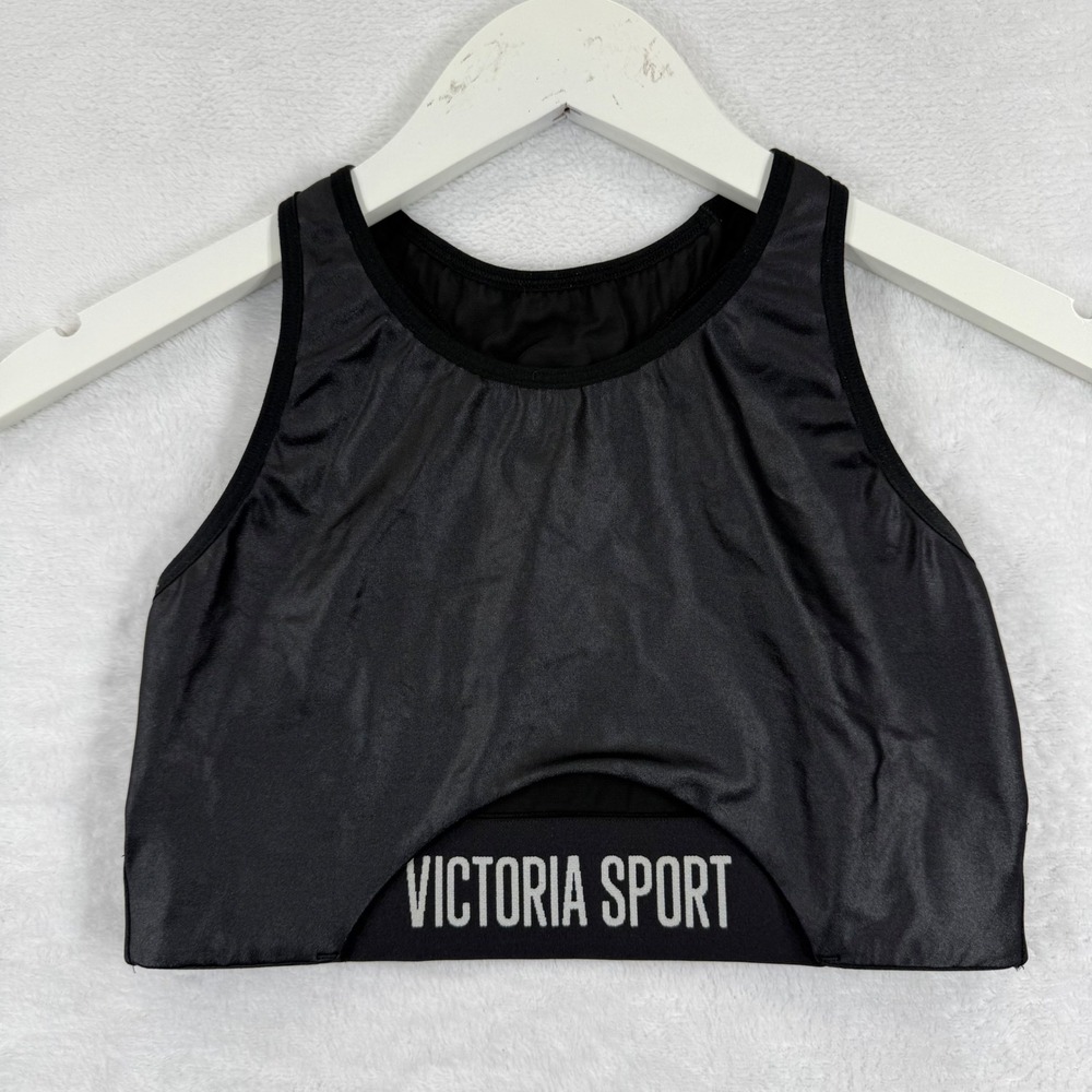 Victoria Sport Womens Black Glossy Racerback Sports Bra Logo Band Cutout Small
